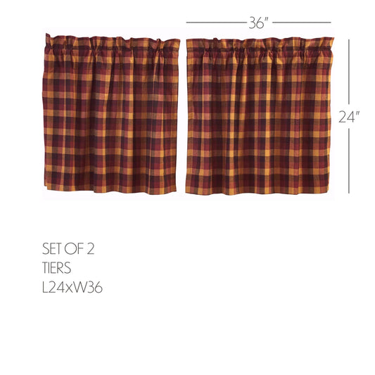 Heritage Farms Primitive Check Tier Curtains 24x36 red and tan plaid detail close up