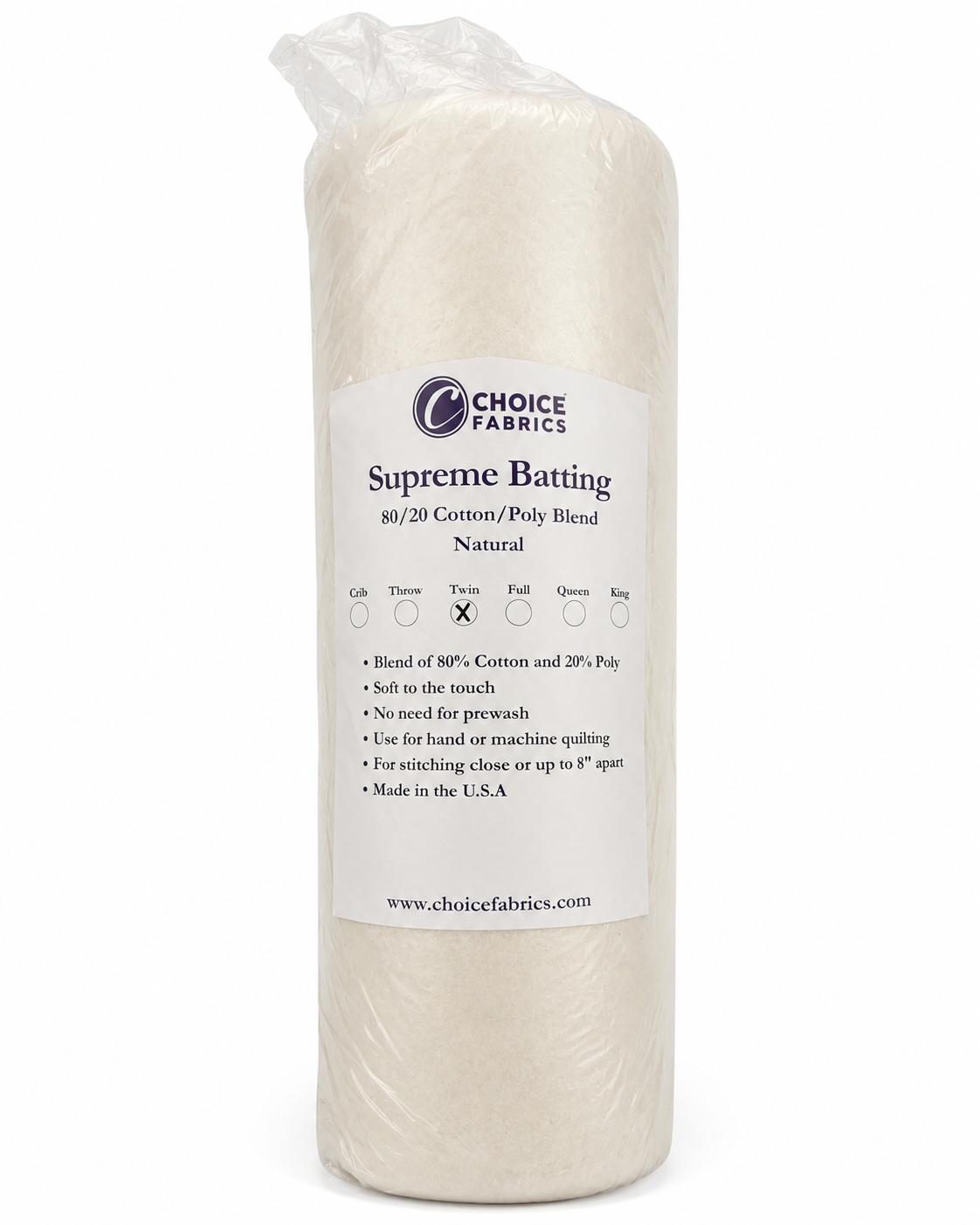 Choice Fabrics Supreme 80/20 Cotton/Poly Batting - Twin Size, Natural