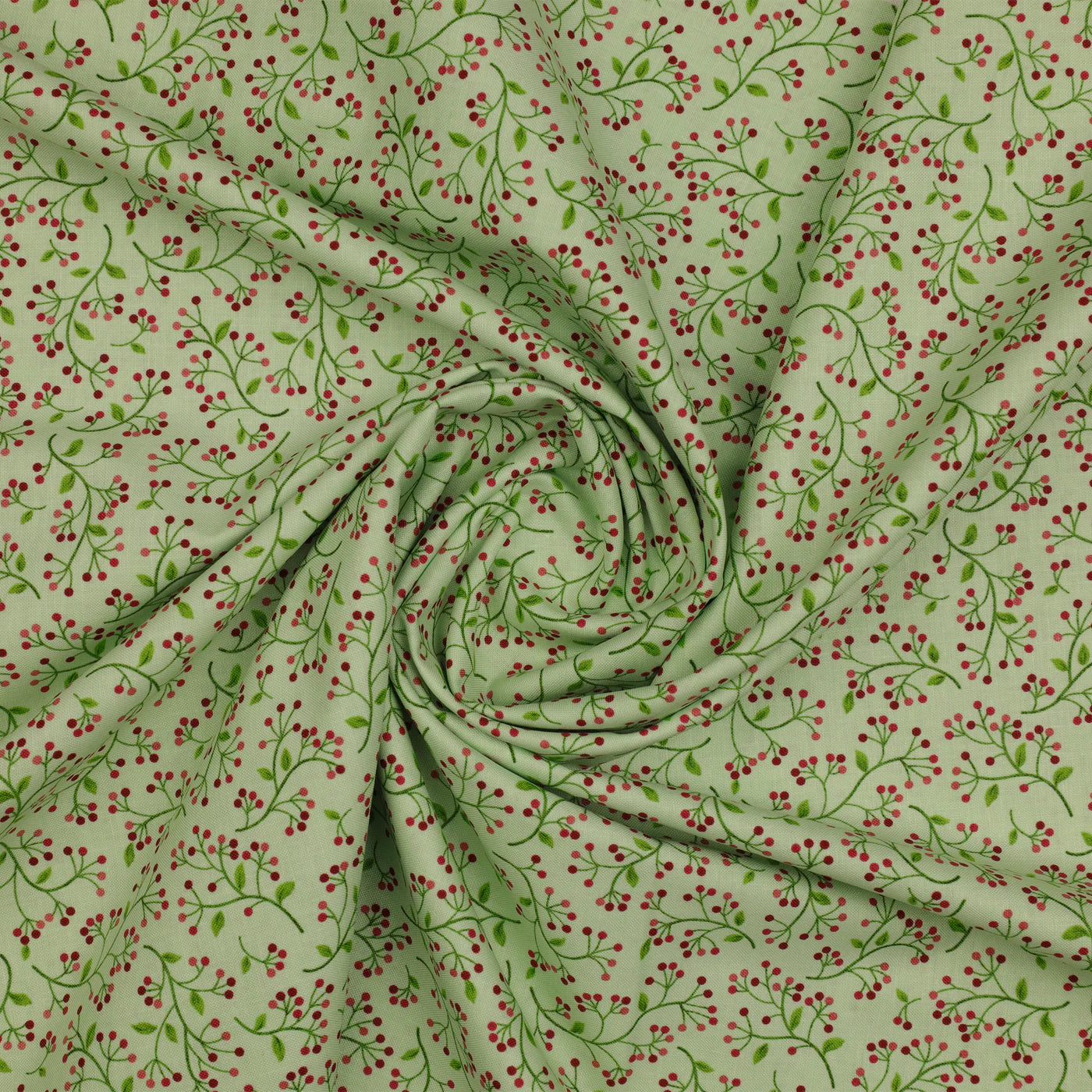 Wild Berry Celery cotton fabric with a country berry and leaf print