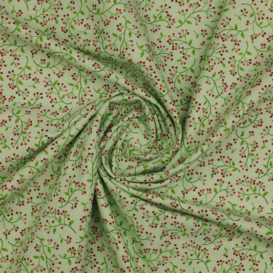 Wild Berry Celery cotton fabric with a country berry and leaf print