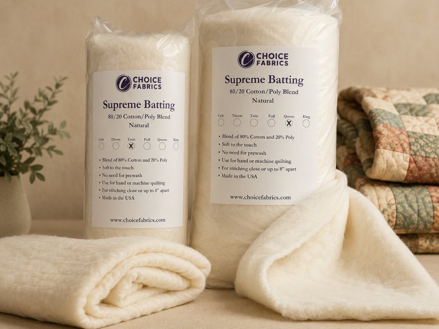 Two Choice Fabrics Supreme Batting rolls in Twin and Queen sizes displayed on a warm, neutral background.