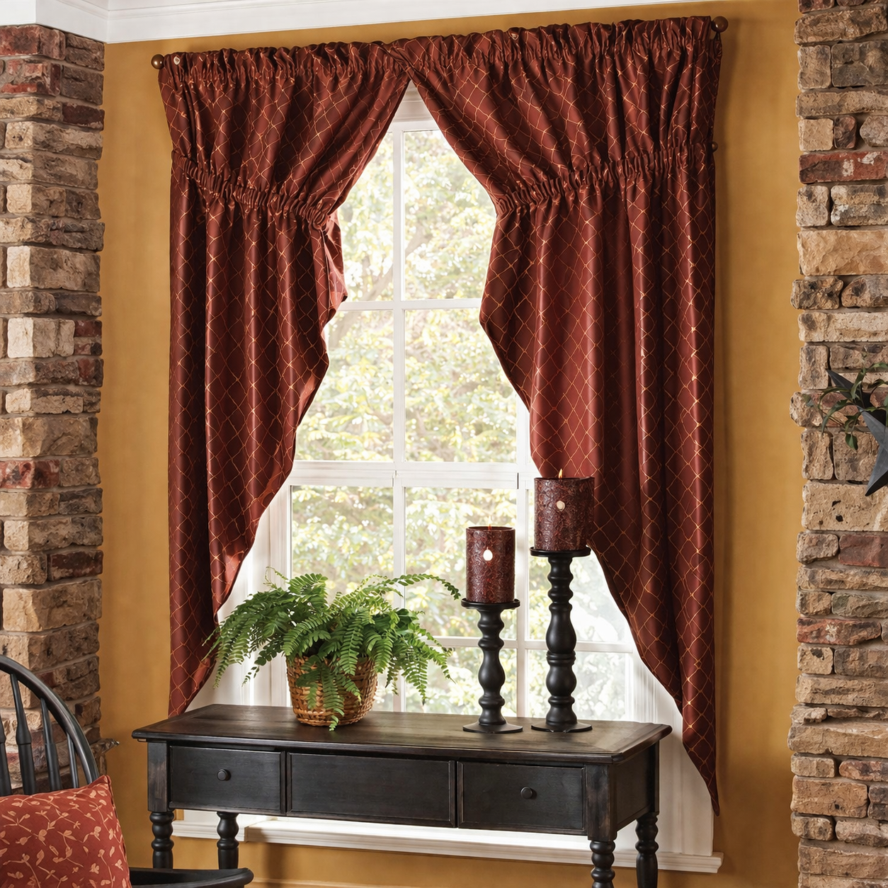Rustic country curtains in deep red with valance framing a window, farmhouse home decor