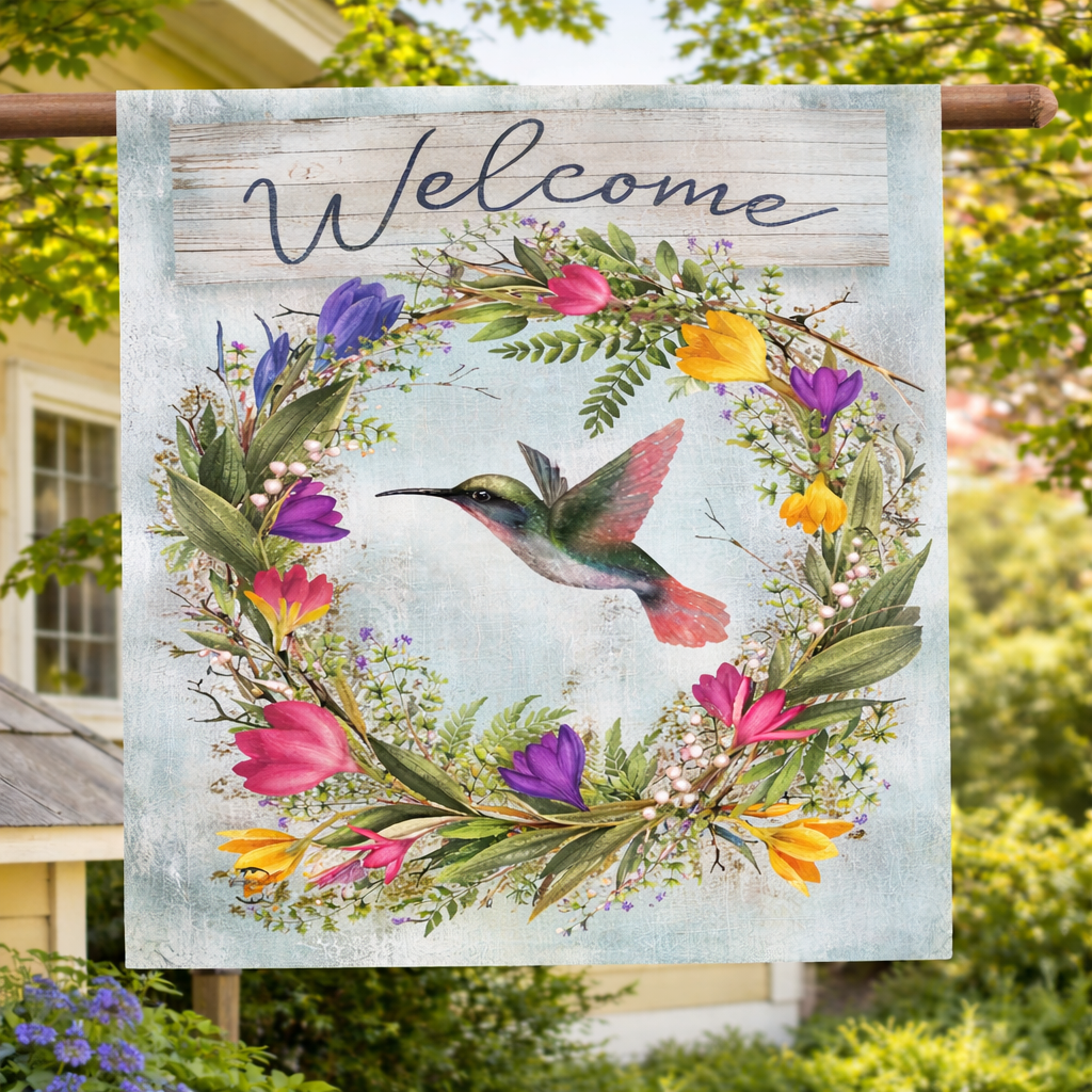 Decorative welcome garden flag featuring hummingbird and vibrant floral wreath, outdoor spring home decor