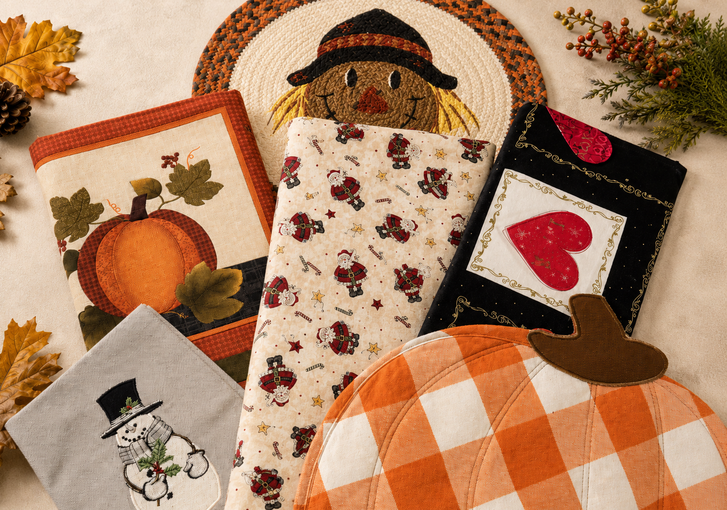 Seasonal fabrics and placemats featuring pumpkin, scarecrow, Santa, snowman, and heart designs.