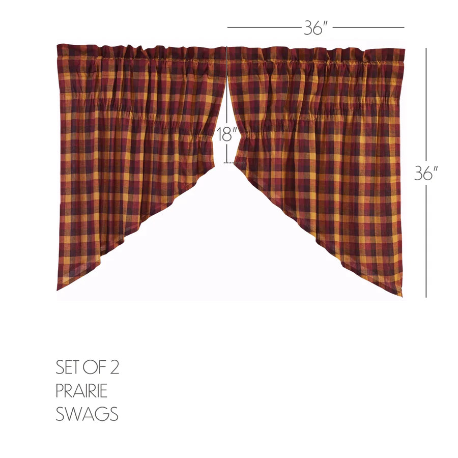 Heritage Farms Primitive Check Prairie Swag Curtains Set of 2 red tan plaid cotton swag valance