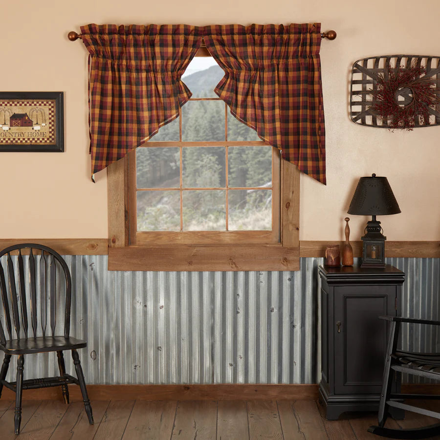 VHC Brands Heritage Farms Primitive Check Prairie Swag Curtains 36x36x18 farmhouse window treatment detail