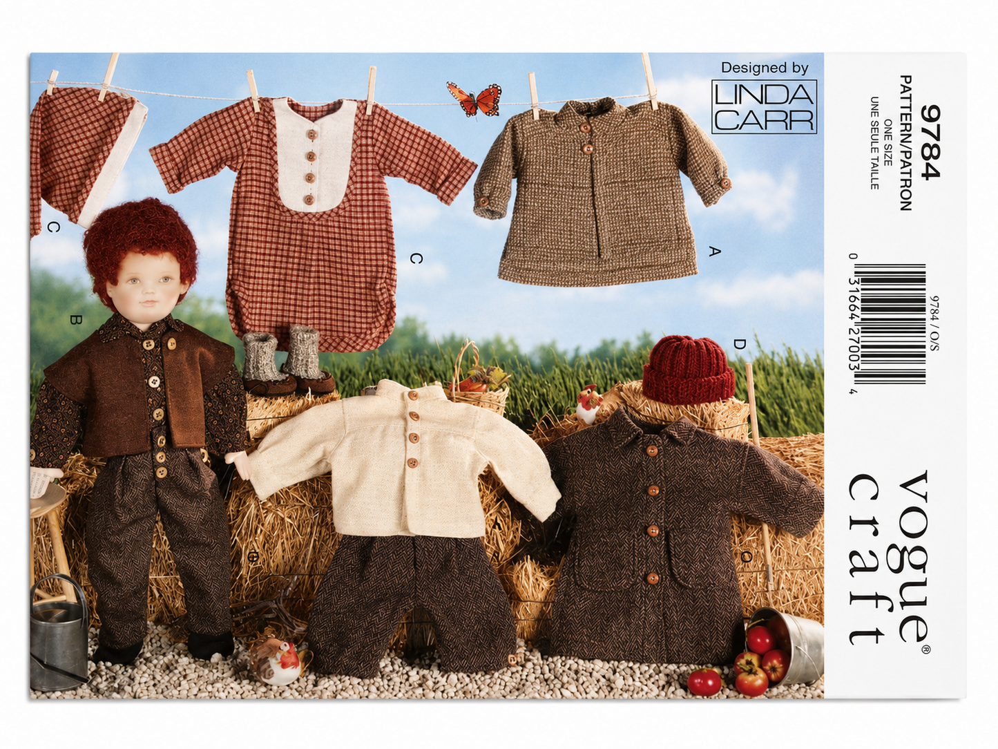 Vogue Craft pattern for doll clothes with various outfits displayed on a tree.