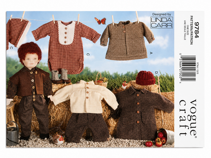 Vogue Craft pattern for doll clothes with various outfits displayed on a tree.