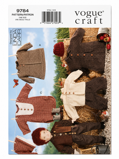 Vogue Craft pattern for doll clothes with various outfits displayed on a tree.