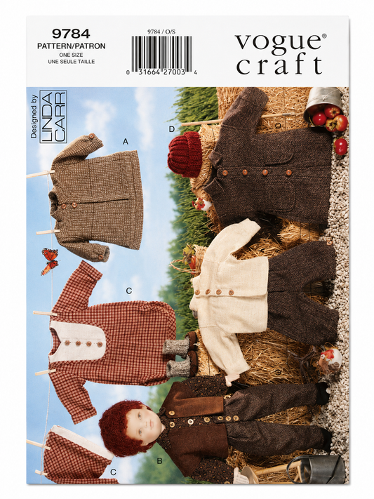 Vogue Craft pattern for doll clothes with various outfits displayed on a tree.