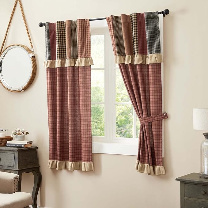 VHC Brands Maisie Short Panel with Attached Patch Valance Set of 2 63x36 farmhouse cotton window curtain