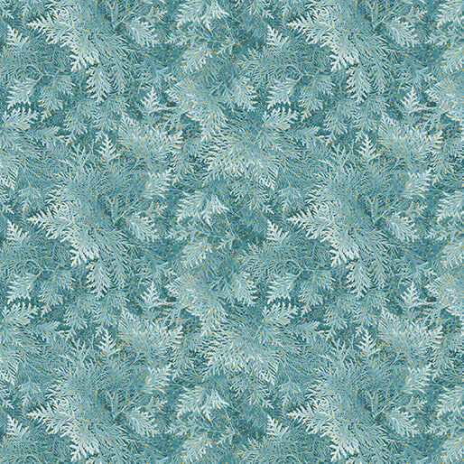 Grand Fir in Blue from Benartex A Winter's Day quilting fabric by the yard deep blue cotton metallic fir tree print by Jackie Robinson