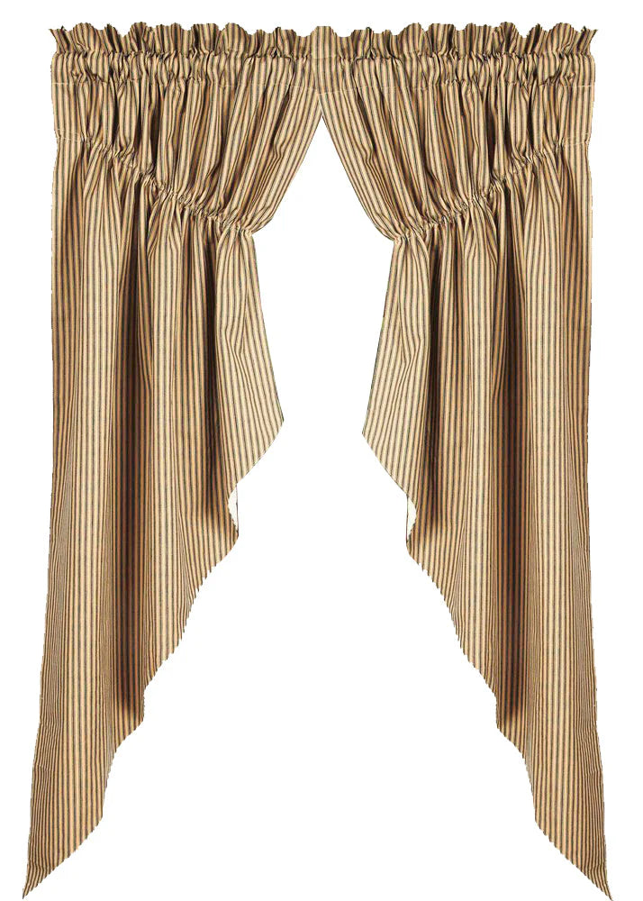 Black Nutmeg York Ticking Gathered Swag close up ticking stripe detail rod pocket header 2 inch cotton country window swag