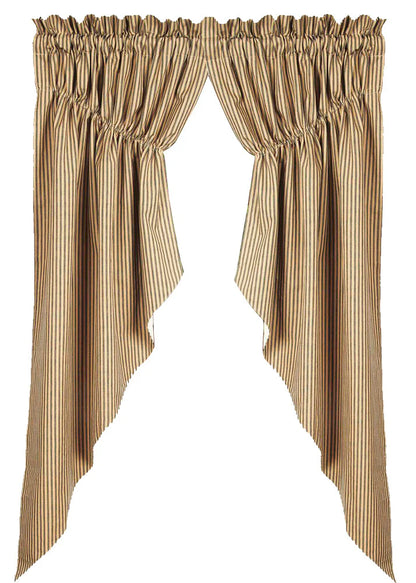 Black Nutmeg York Ticking Gathered Swag close up ticking stripe detail rod pocket header 2 inch cotton country window swag