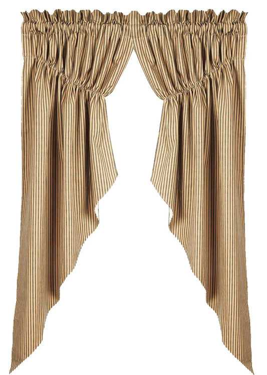 Black Nutmeg York Ticking Gathered Swag close up ticking stripe detail rod pocket header 2 inch cotton country window swag