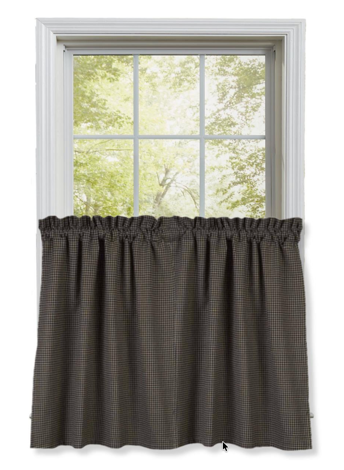 Black checkered curtain hanging in front of a window with a view of trees.