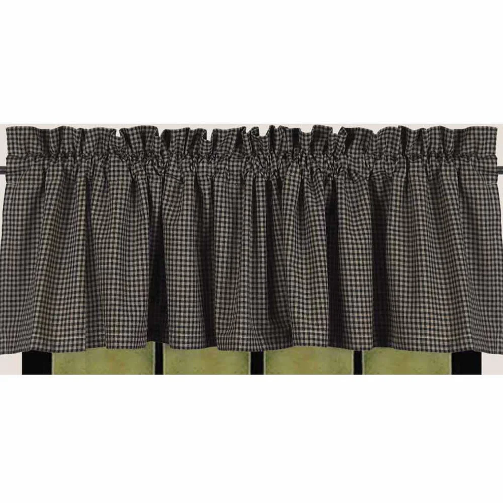 Black and white checkered curtain valance on a white background