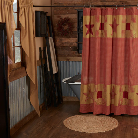 Ninepatch Star Shower Curtain with Patchwork Borders 72x72 inch burgundy and tan patchwork primitive star VHC Brands