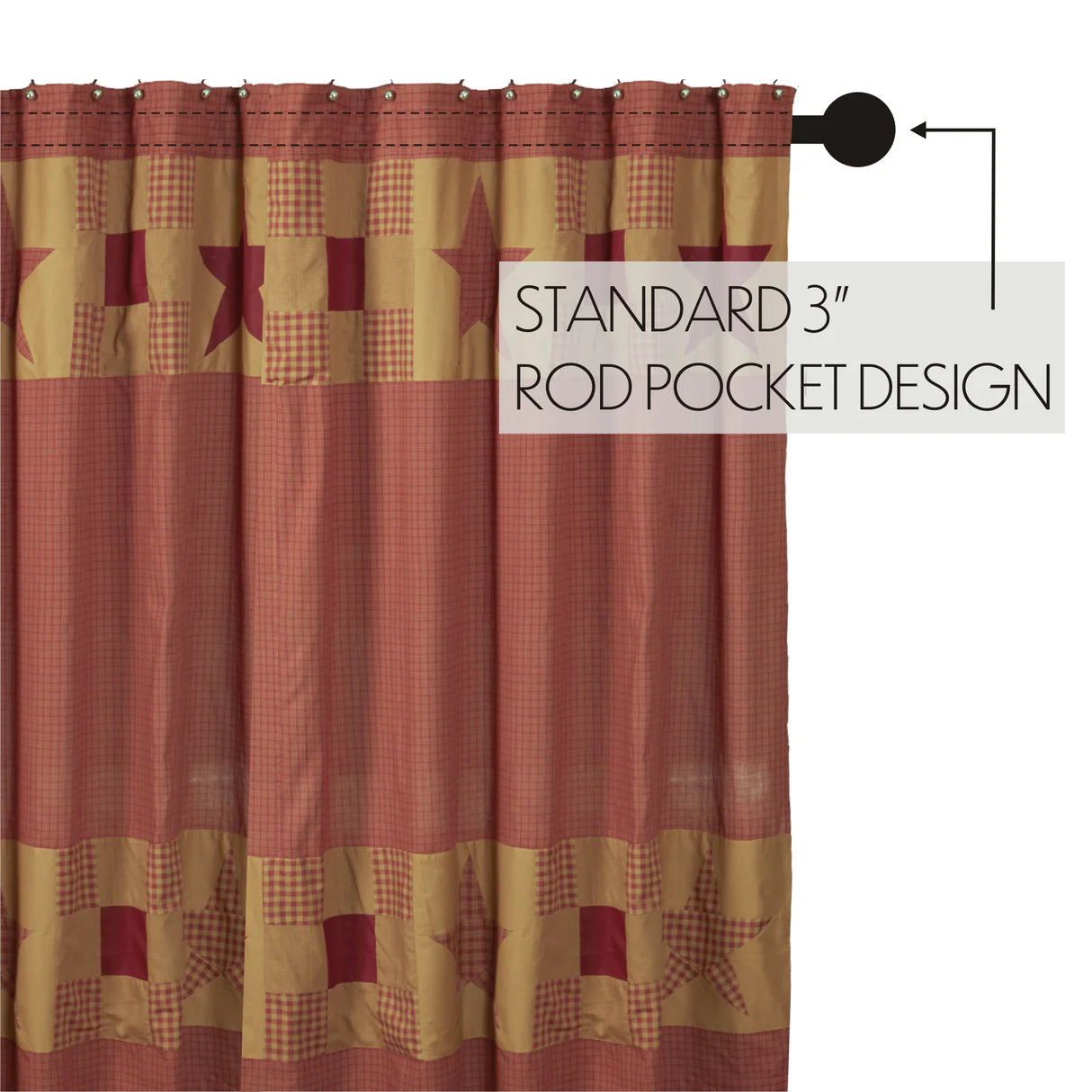 Ninepatch Star Shower Curtain close up patchwork checked fabric and primitive star detail cotton country bathroom
