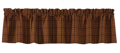 Plaid curtain valance with brown and red pattern on a white background