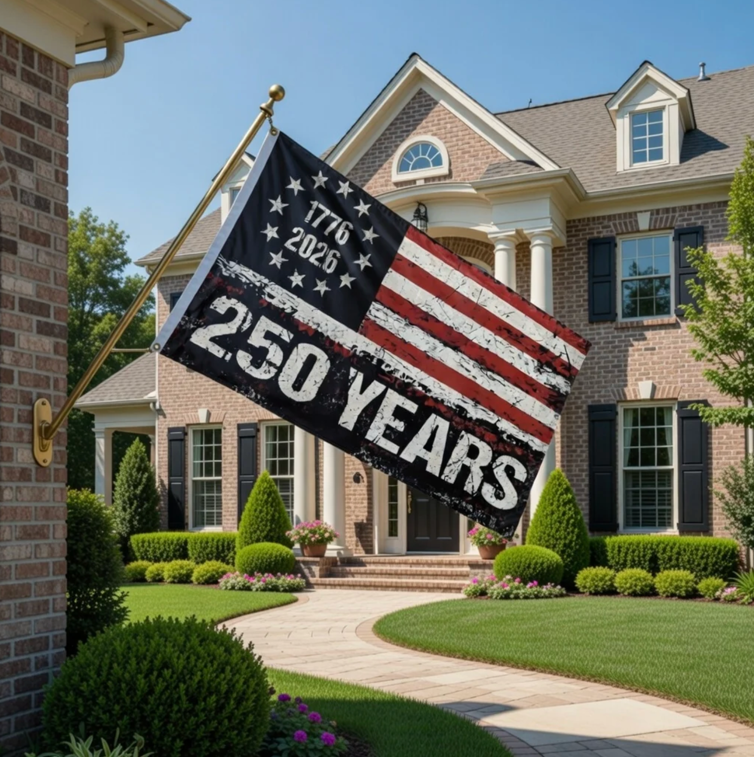 American flag celebrating 250 years of independence in front of a house