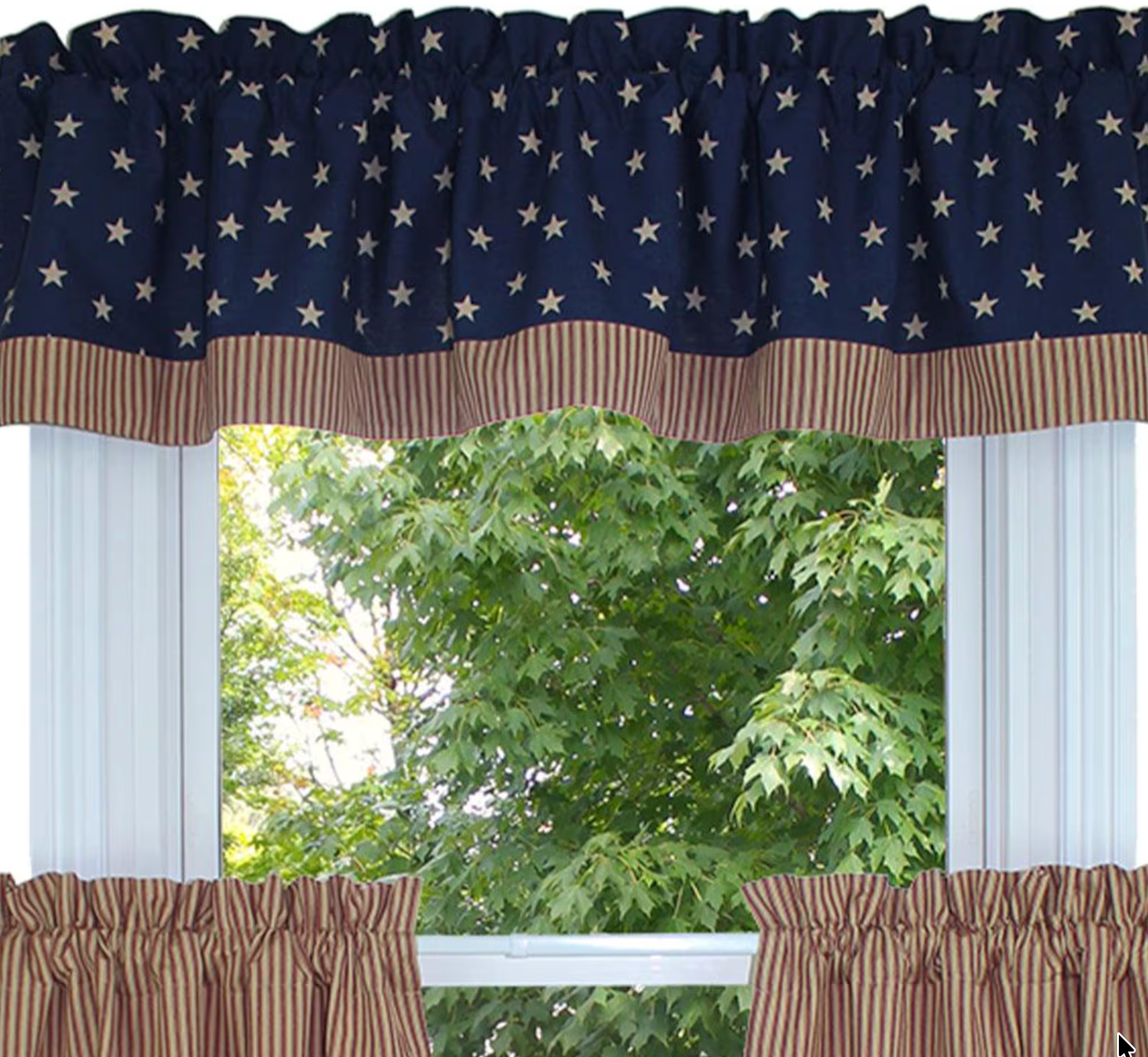 Star Freedom Valance close up patriotic star and ticking stripe detail cotton country window valance
