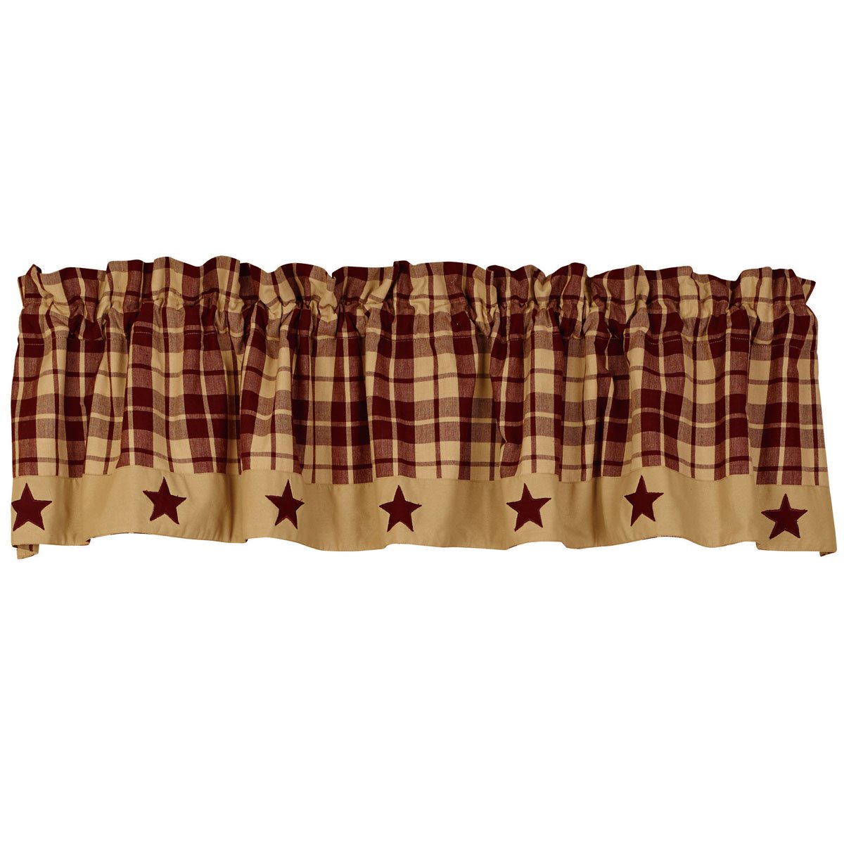 Burgundy Farmhouse Star Valance 72x14 inch burgundy tan brown check primitive star handwoven cotton The Country House Collection