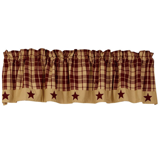 Burgundy Farmhouse Star Valance 72x14 inch burgundy tan brown check primitive star handwoven cotton The Country House Collection