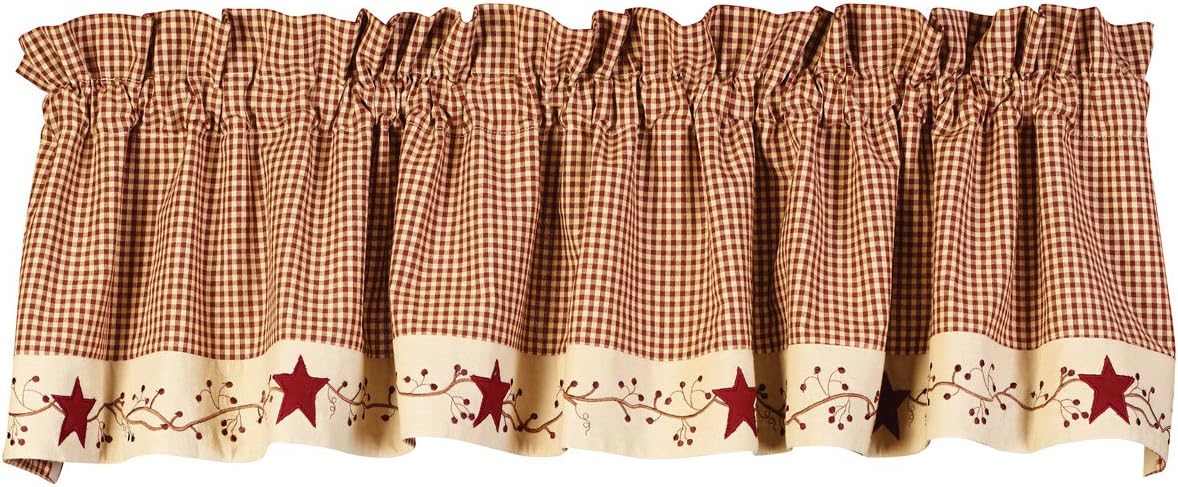 Stars N Berries Valance 72x14 inch burgundy and tan check with berry vine and primitive star design The Country House Collection