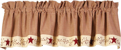 Stars N Berries Valance 72x14 inch burgundy and tan check with berry vine and primitive star design The Country House Collection