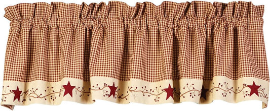 Stars N Berries Valance 72x14 inch burgundy and tan check with berry vine and primitive star design The Country House Collection