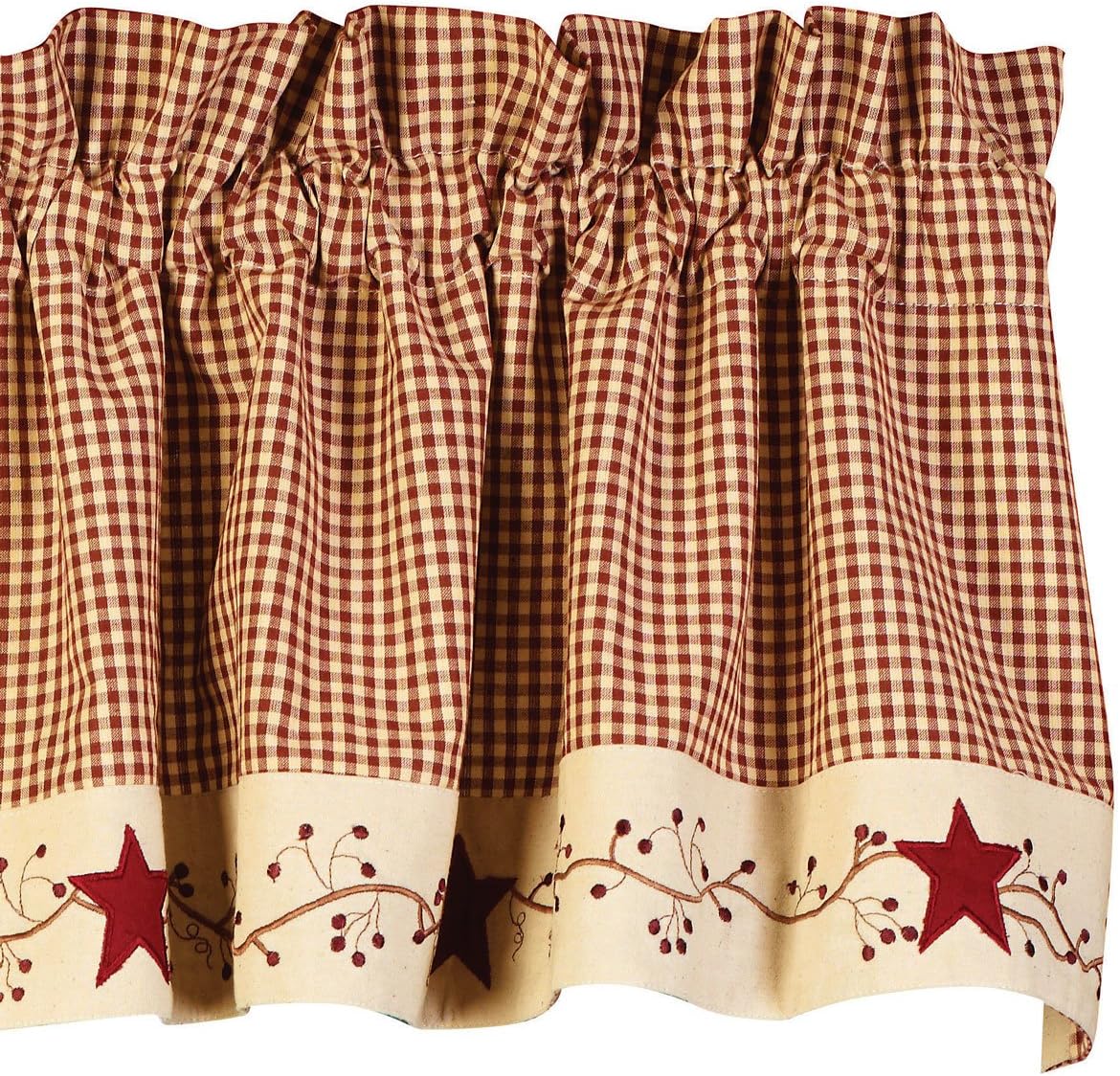 Stars N Berries Valance close up burgundy check and berry vine primitive star detail handwoven cotton country window valance