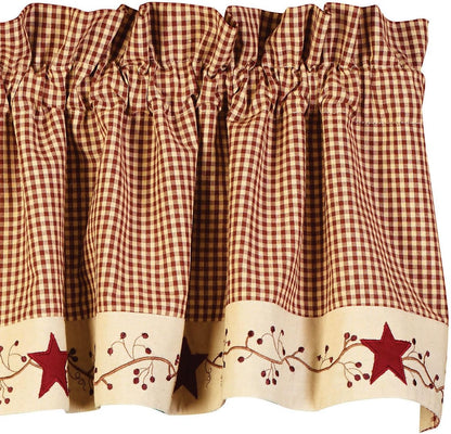 Stars N Berries Valance close up burgundy check and berry vine primitive star detail handwoven cotton country window valance