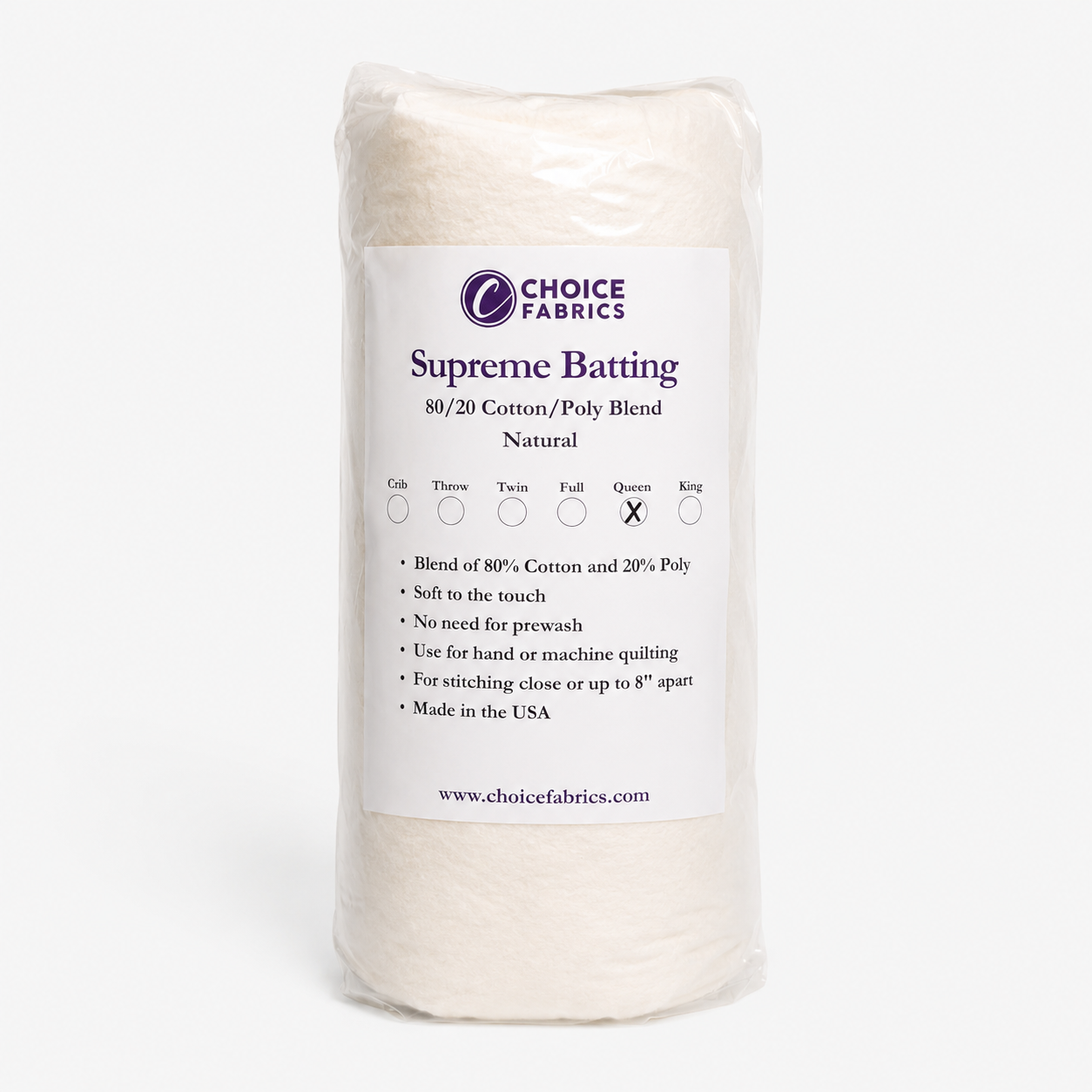 A packaged roll of Choice Fabrics Supreme Batting in a 80/20 cotton/poly blend, shown on a clean white background with a detailed product label.