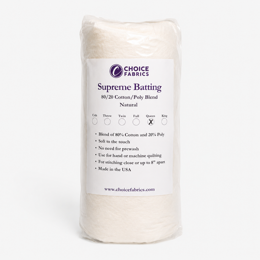 A packaged roll of Choice Fabrics Supreme Batting in a 80/20 cotton/poly blend, shown on a clean white background with a detailed product label.