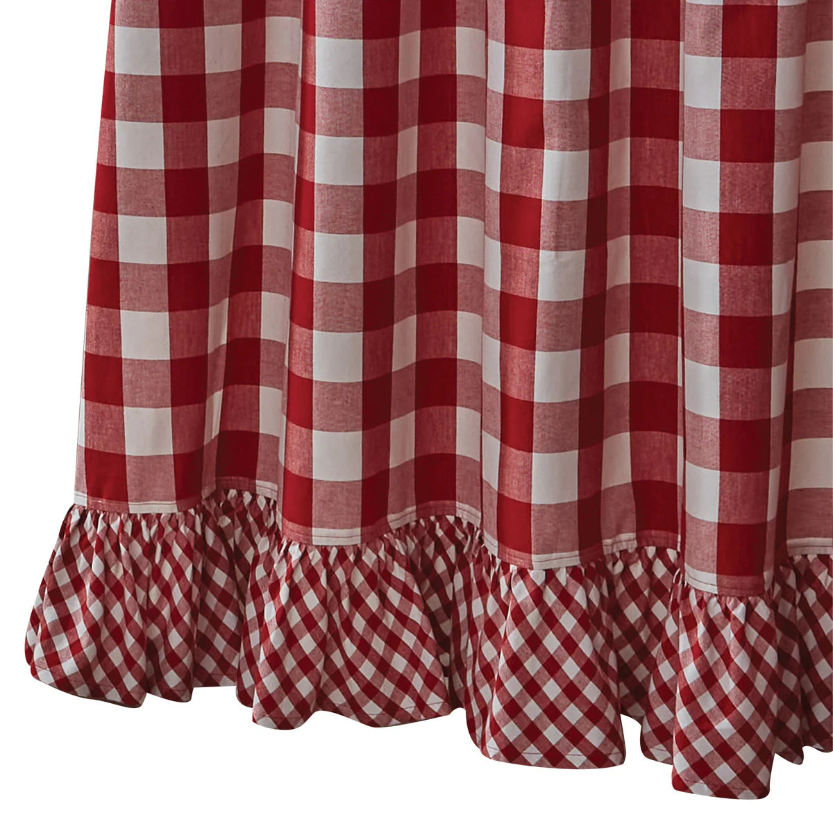 Wicklow Check Red Cream Ruffled Shower Curtain close up red and cream check detail