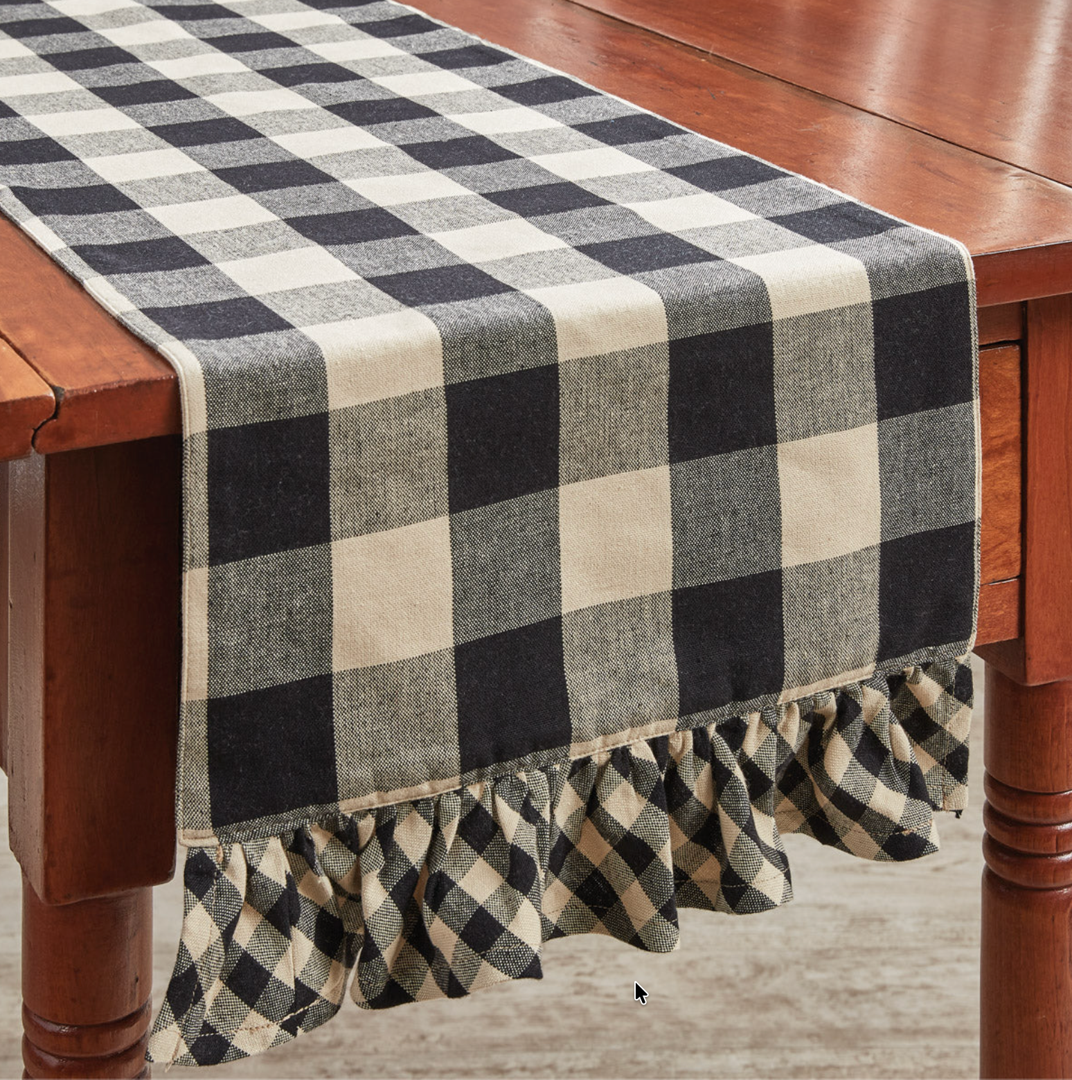 Wicklow Check Black Ruffled Table Runner 13x54 inch black and farmhouse tan cotton Park Designs