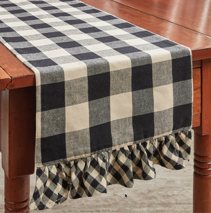 Wicklow Check Black Ruffled Table Runner 13x54 inch black and farmhouse tan cotton Park Designs