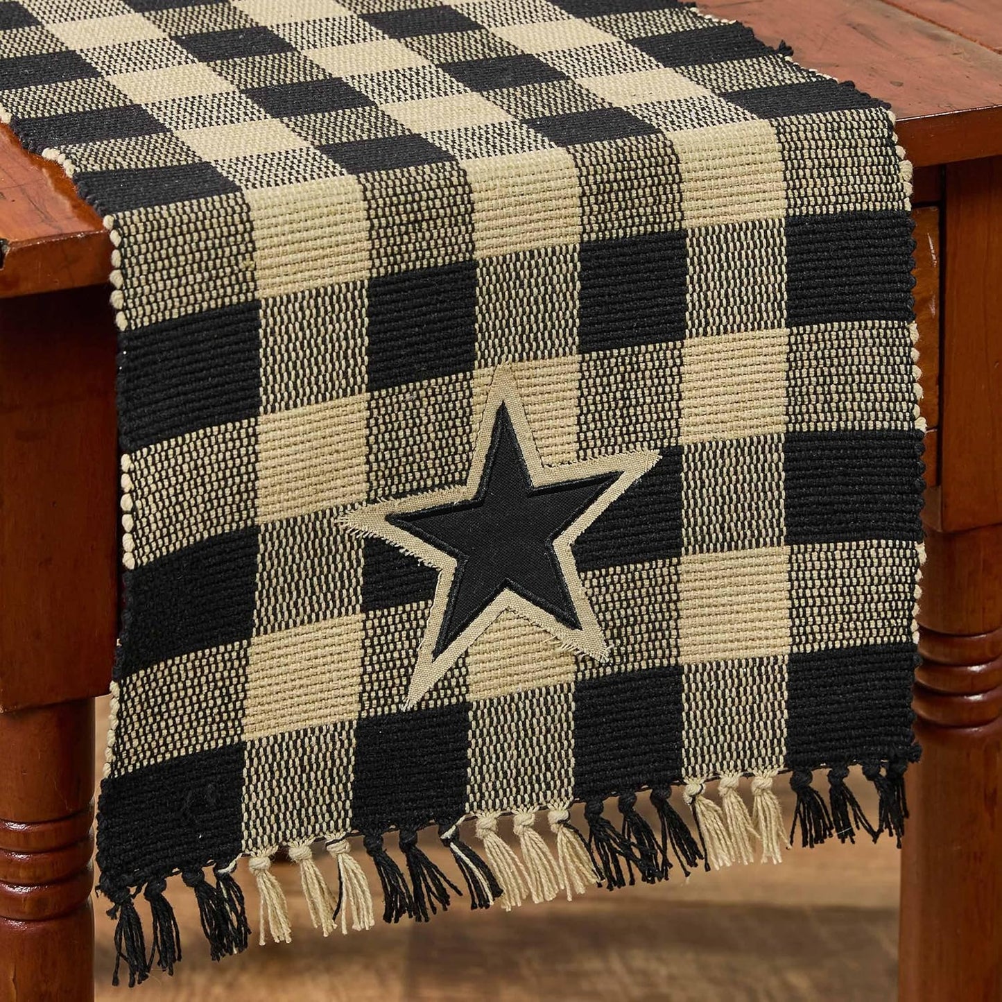 Wicklow Star Black Yarn Table Runner 13x54 inch black and farmhouse tan primitive star Park Designs