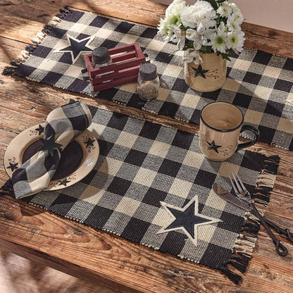 Wicklow Star Black Yarn Table Runner close up woven star detail black and tan cotton