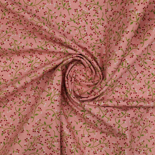 Wild Berry Coral cotton fabric with a country berry and leaf print