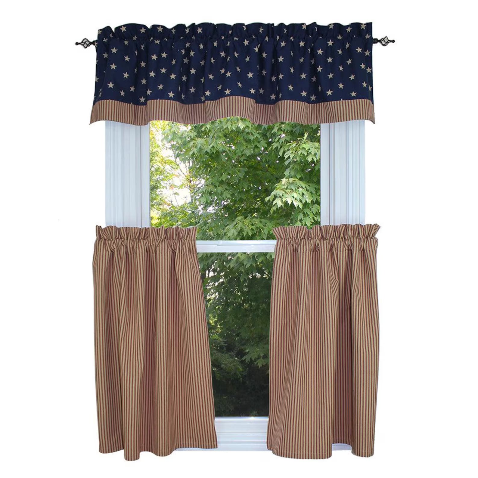 Star Freedom Valance 72x15.5 inch navy blue barn red nutmeg patriotic star ticking stripe cotton Home Collections by Raghu