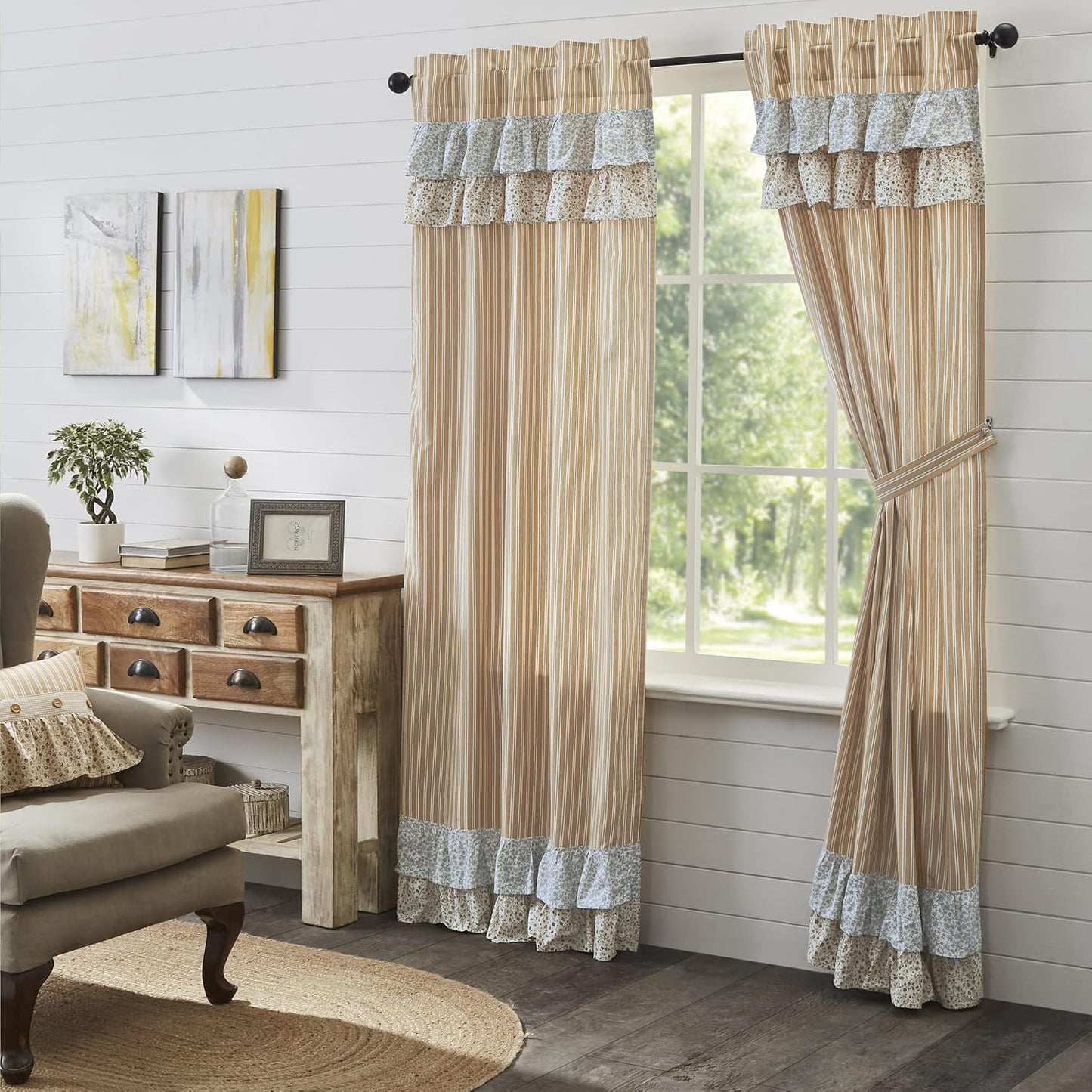 VHC Brands Kaila Country Cottage Ruffled Gold Ticking Stripe Curtain Panel Set 40" x 84"