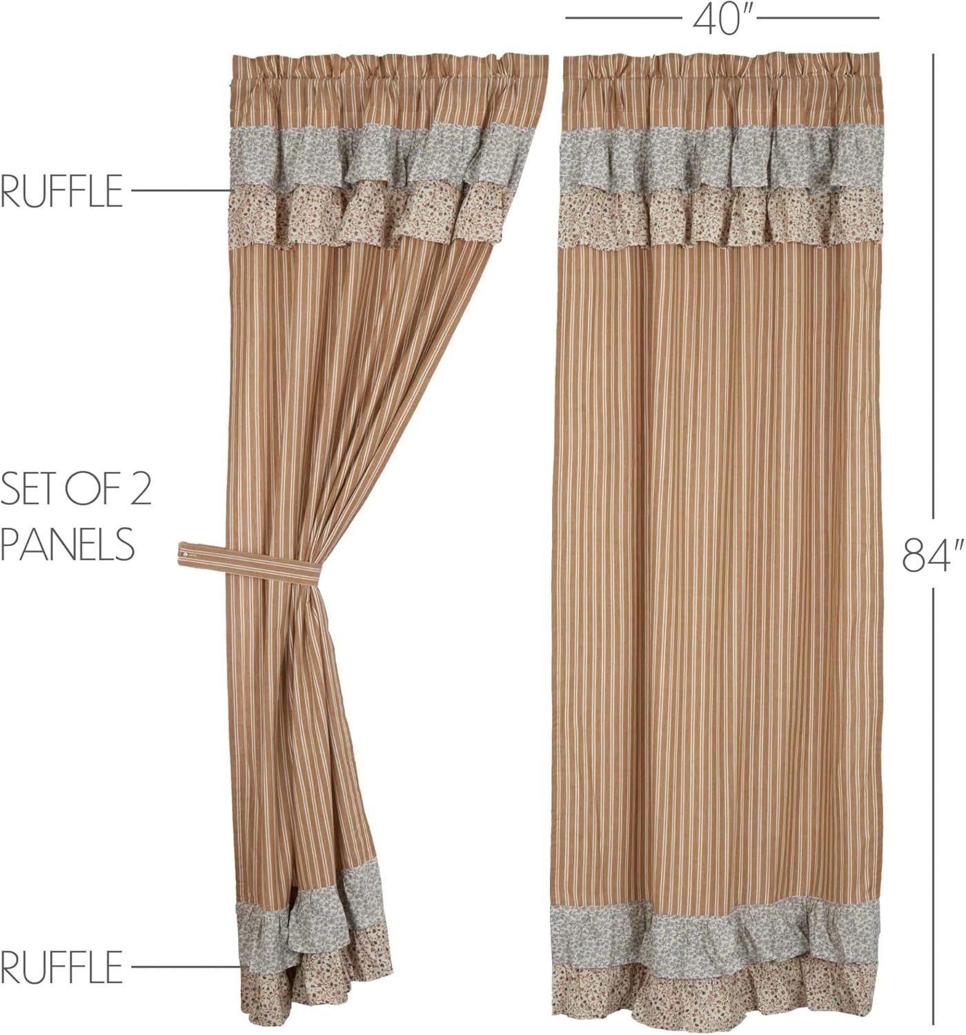 VHC Brands Kaila Country Cottage Ruffled Gold Ticking Stripe Curtain Panel Set 40" x 84"