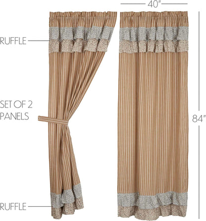 VHC Brands Kaila Country Cottage Ruffled Gold Ticking Stripe Curtain Panel Set 40" x 84"