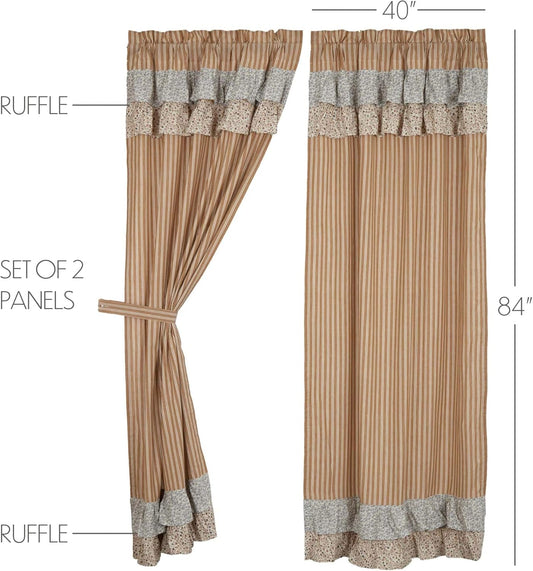 VHC Brands Kaila Country Cottage Ruffled Gold Ticking Stripe Curtain Panel Set 40" x 84"