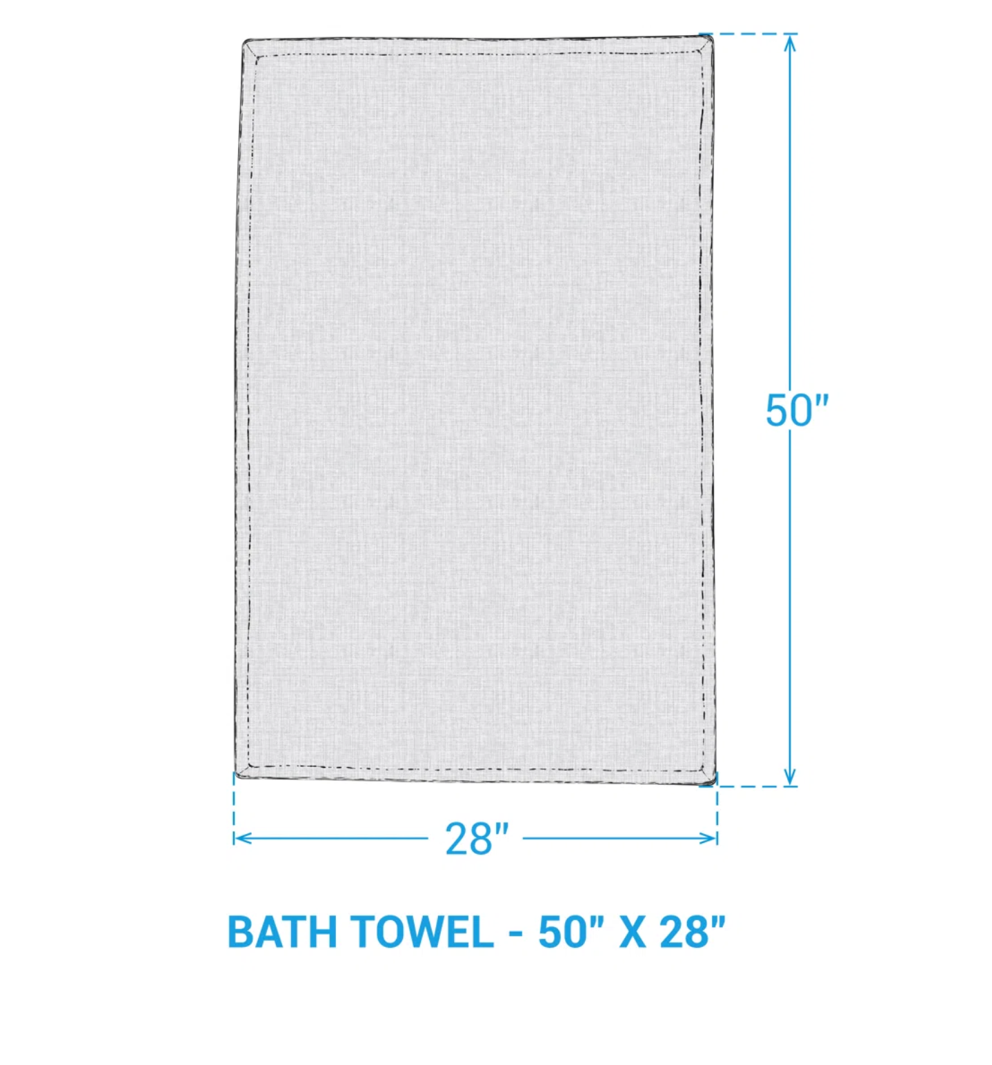 White bath towel with dimensions labeled on a white background