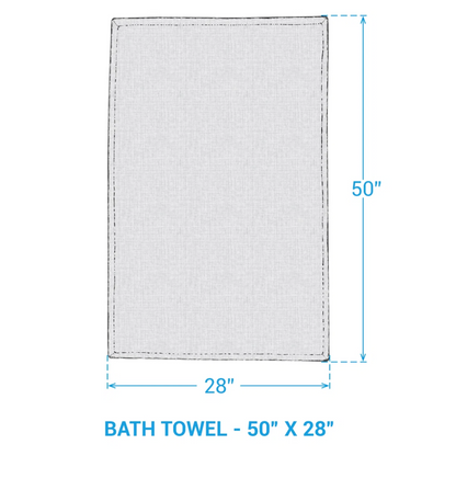 White bath towel with dimensions labeled on a white background