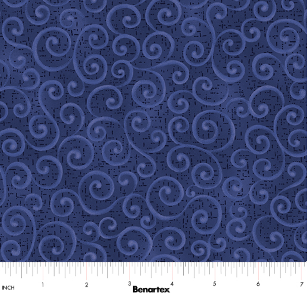 Swirling Winds Navy quilting fabric with a tonal curved line pattern