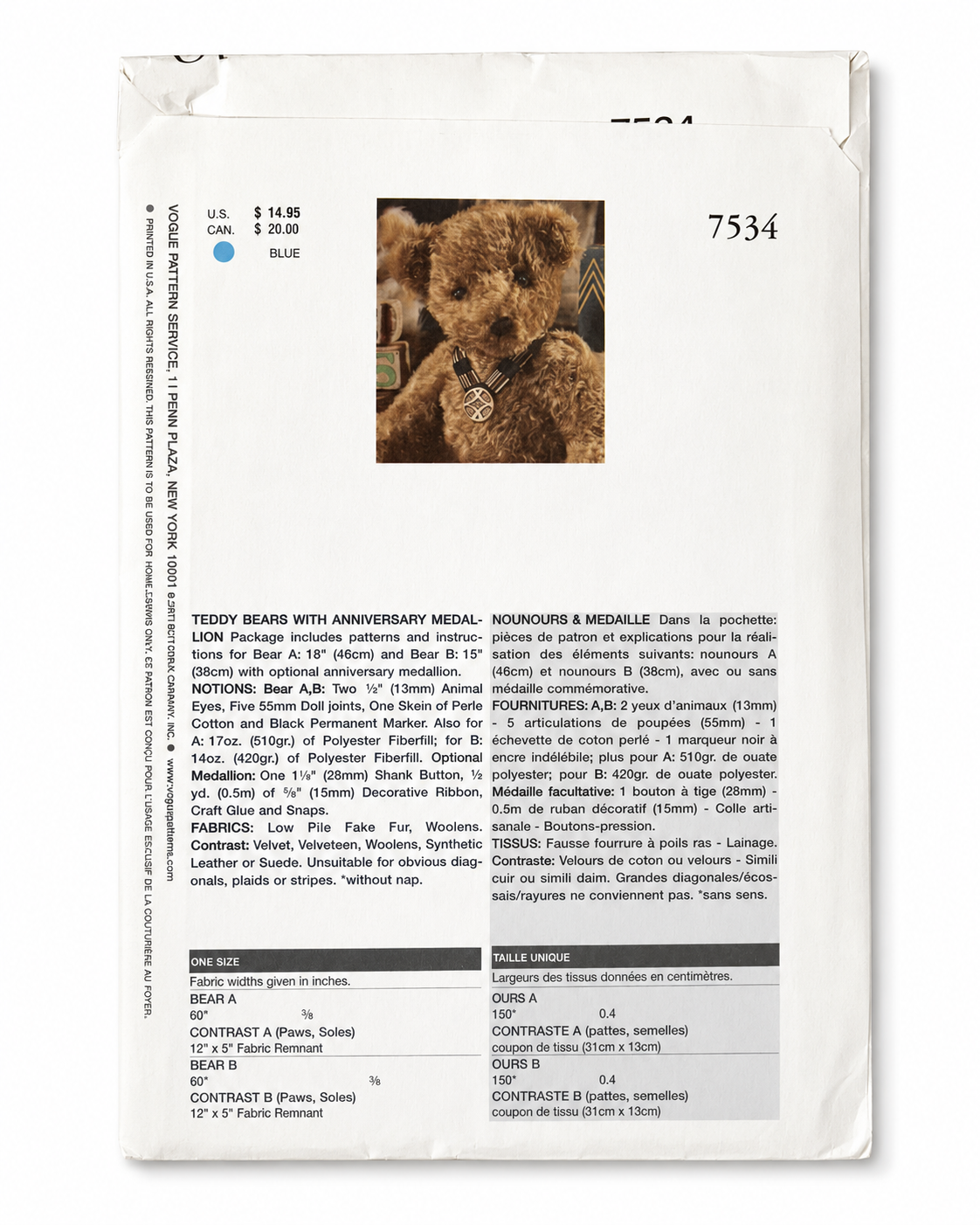 Vogue Craft 7534 Linda Carr Teddy Bear Sewing Pattern